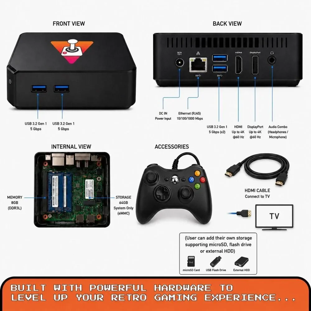 Retro Gaming Console Mini PC Batocera 64GB, Plug and Play Arcade Bundle